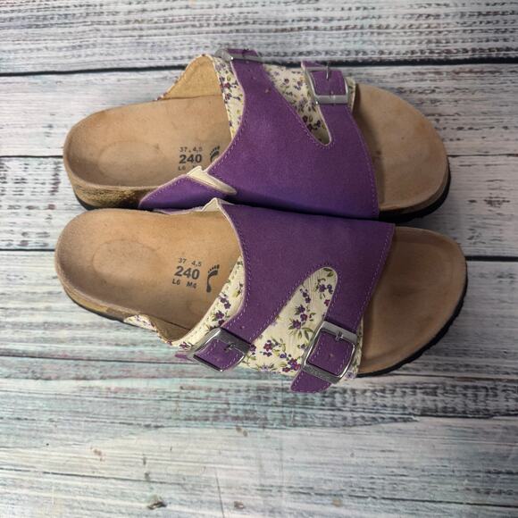 Birkenstock Purple Floral Two Strap Sandals Cork Footbed Size 6 37 - Picture 3 of 4